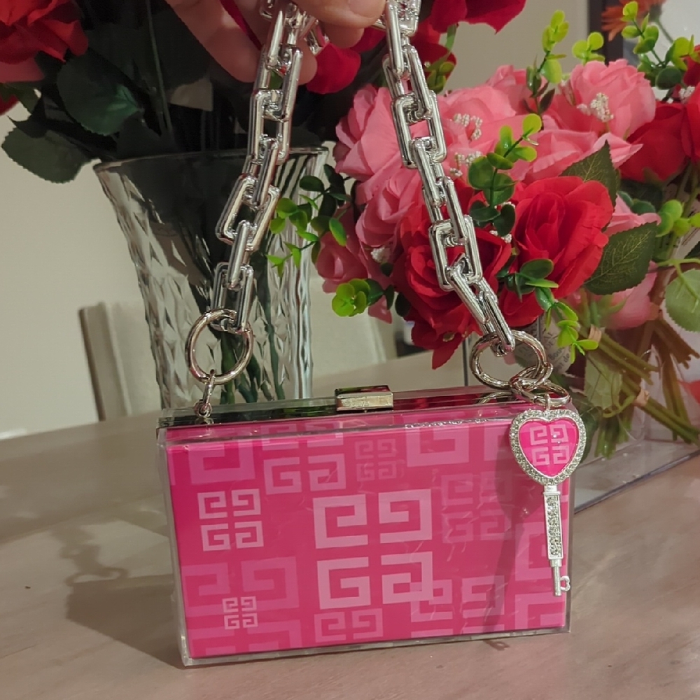 Upcycled Pink Geometric Clutch with Silver Chain & Keyring
